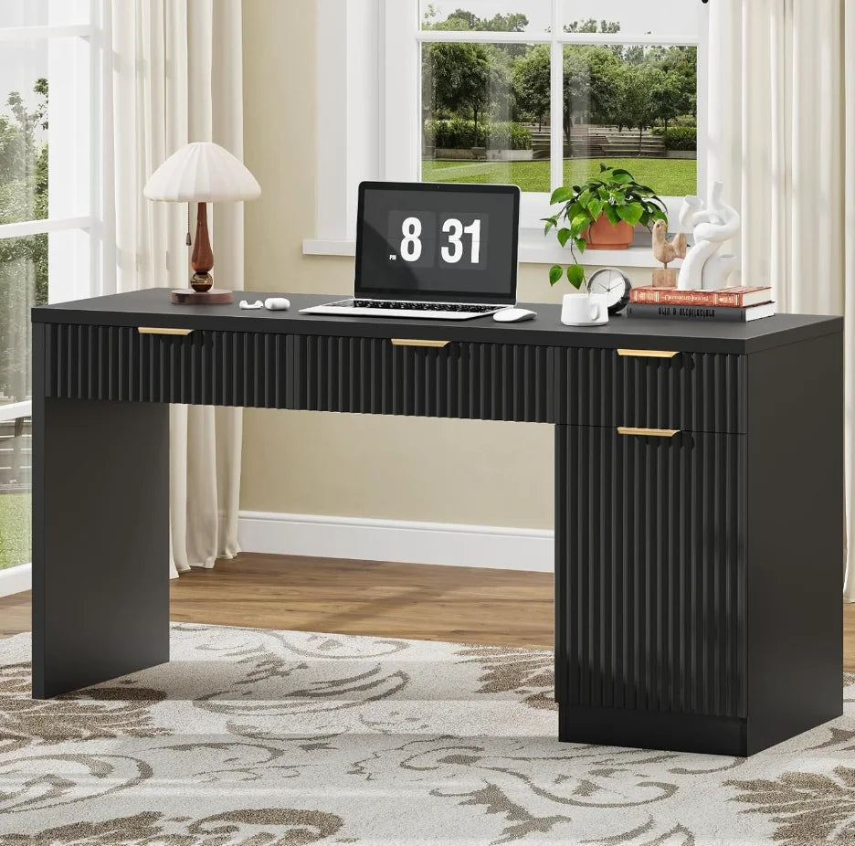 None Wood Executive Desk With Fluted Drawers And Charging Station
