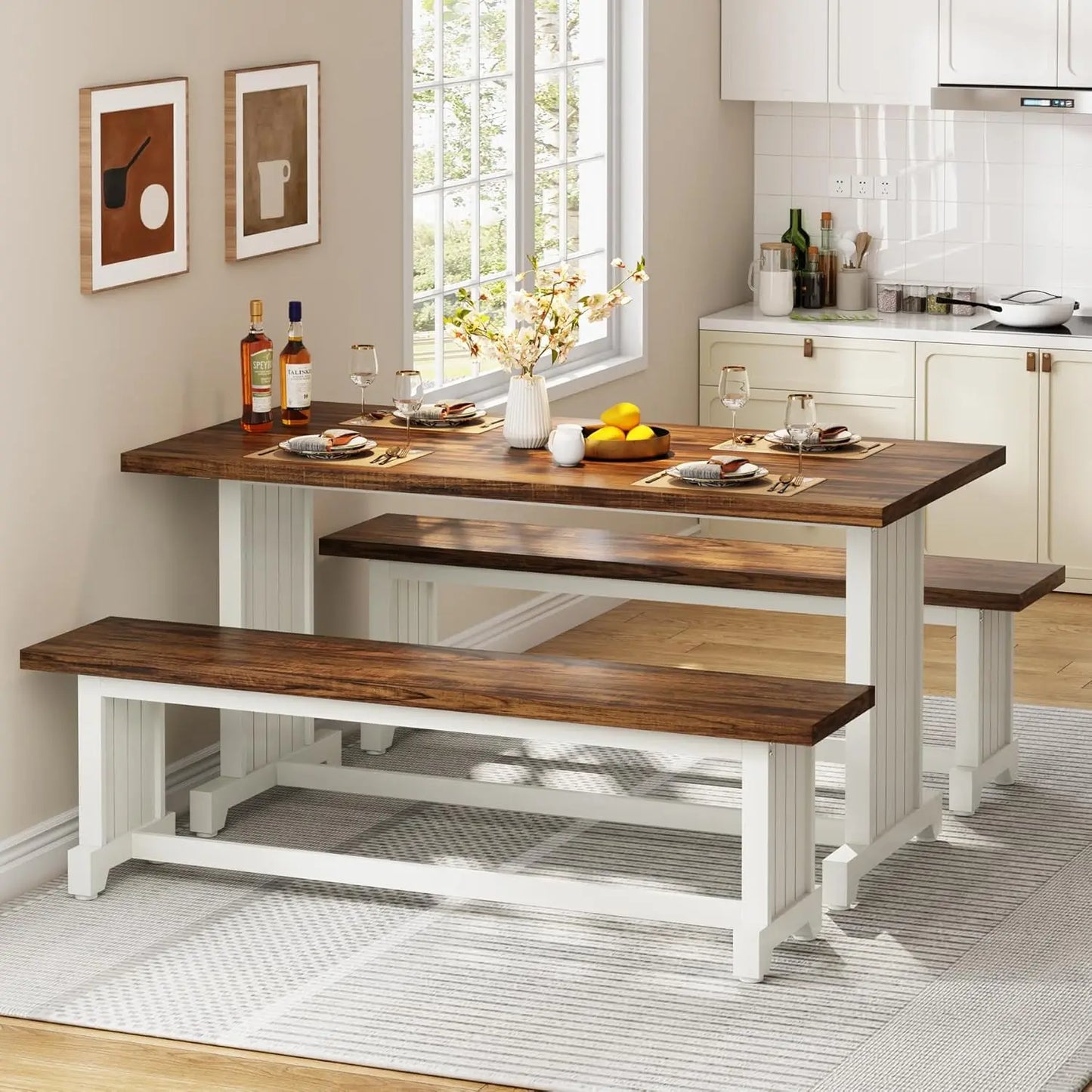Modern Farmhouse Dining Table Set For 4 With 2 Benches