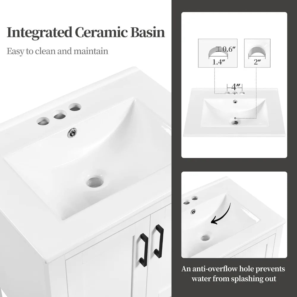 24 Inch Solid Wood Bathroom Vanity With Ceramic Sink Storage