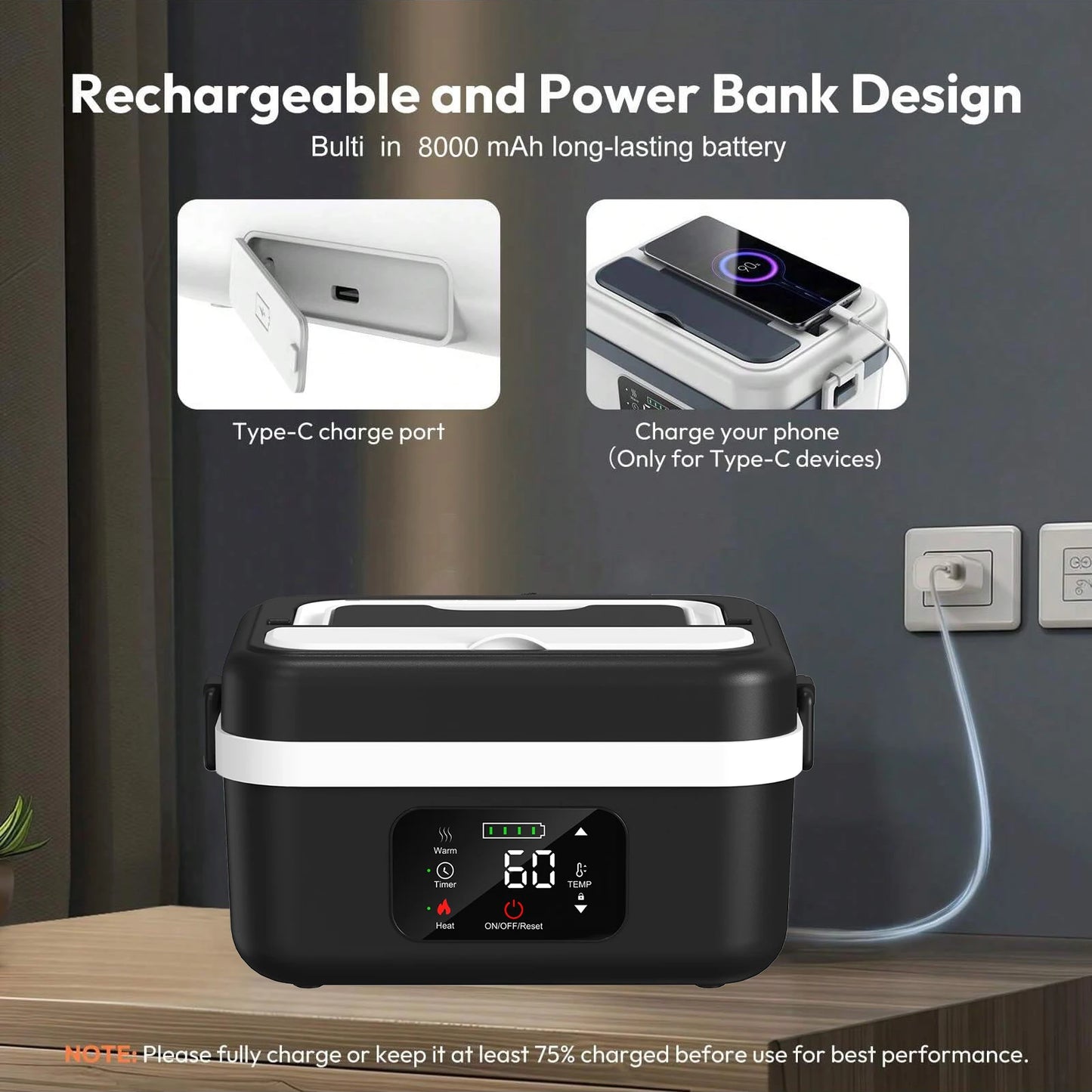 Wireless Electric Insulated Lunch Box Stainless Steel 8000mAh Battery 60W