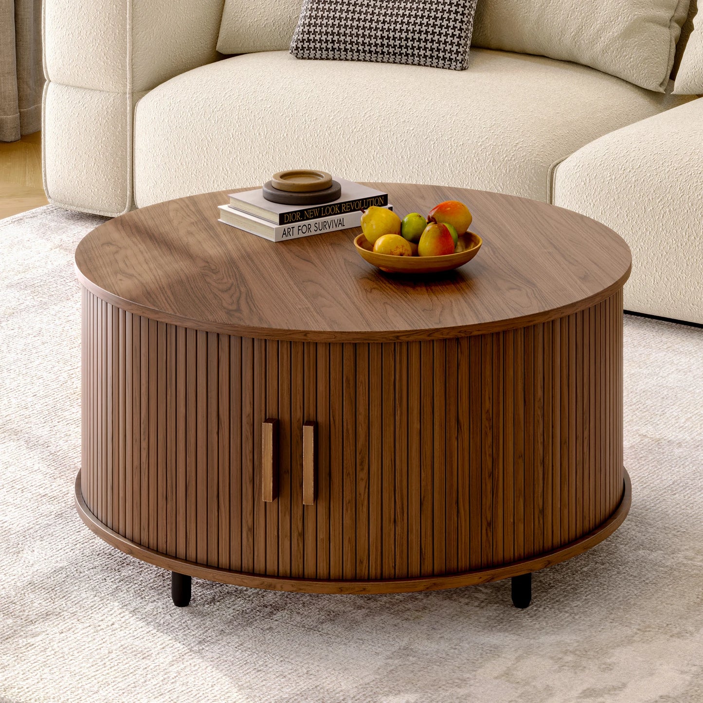 ONBRI Round Coffee Table With Storage And Curved Sliding Door