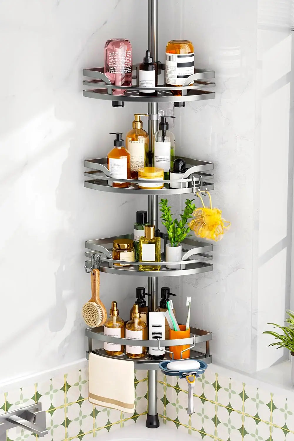 XMSJ Shower Caddy Tension Pole 4 Tier Rustproof Bathroom Organizer