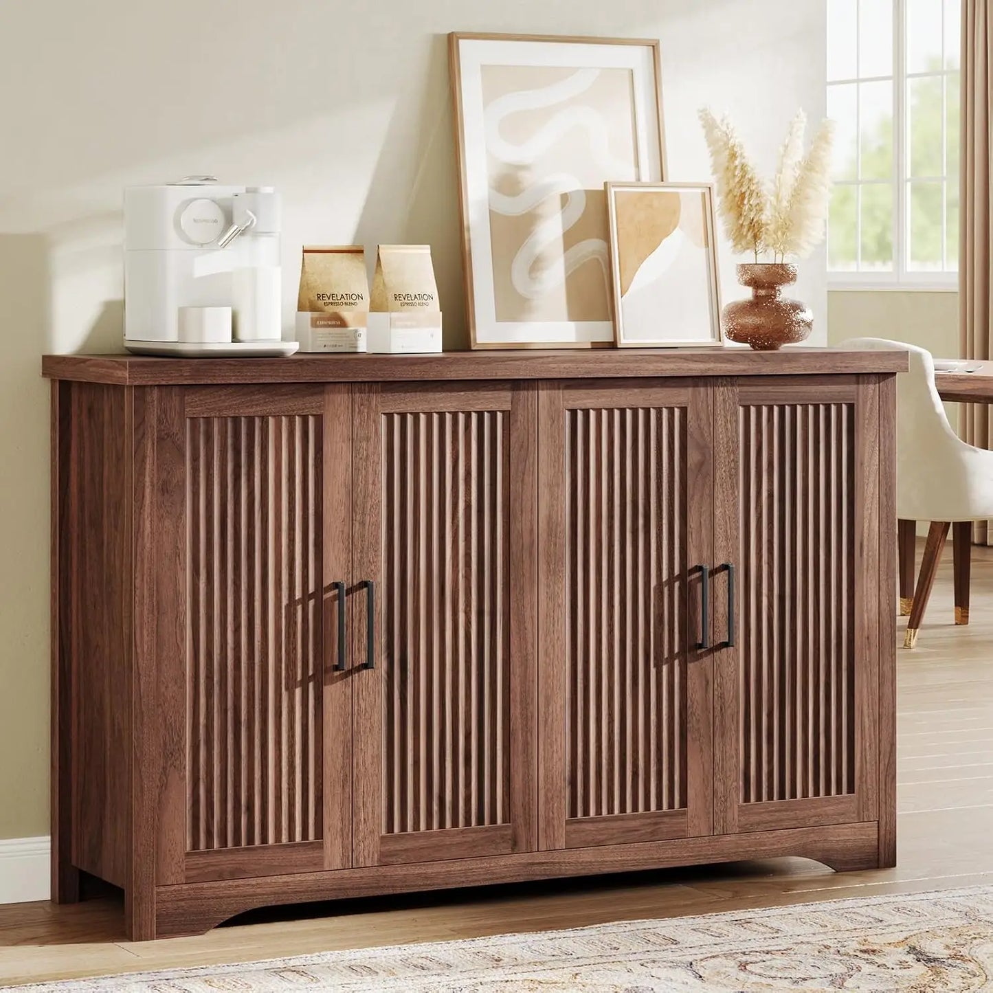 Fluted Buffet Cabinet With Storage Sideboard Modern Credenza Wood
