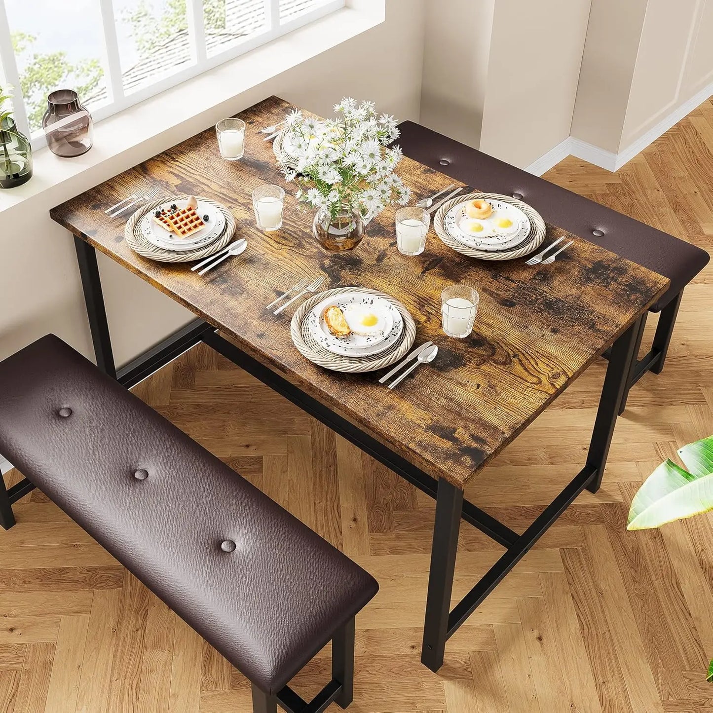 Dining Table Set for Four With Upholstered Benches Three Piece