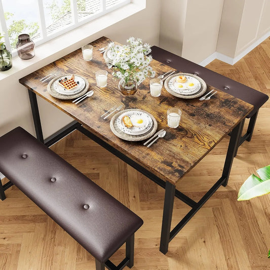 Dining Table Set for Four With Upholstered Benches Three Piece