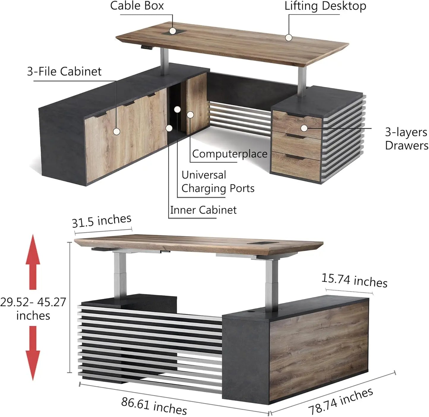 Adjustable Height L Shaped Executive Standing Desk With Drawers USB Ports