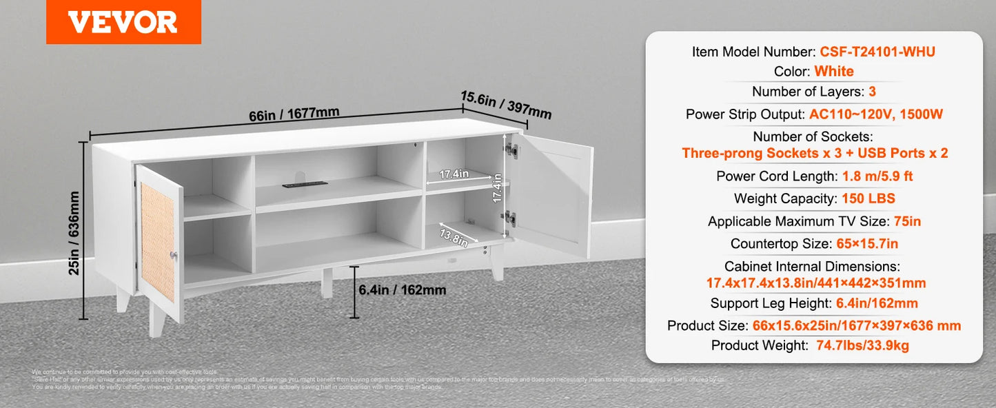 SucceBuy Rattan TV Stand With Built-In USB Ports and Shelves