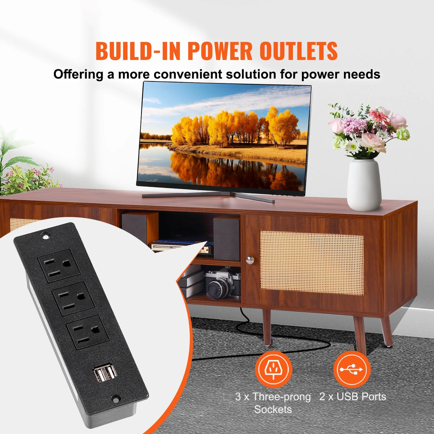 SucceBuy Rattan TV Stand With Built-In USB Ports and Shelves