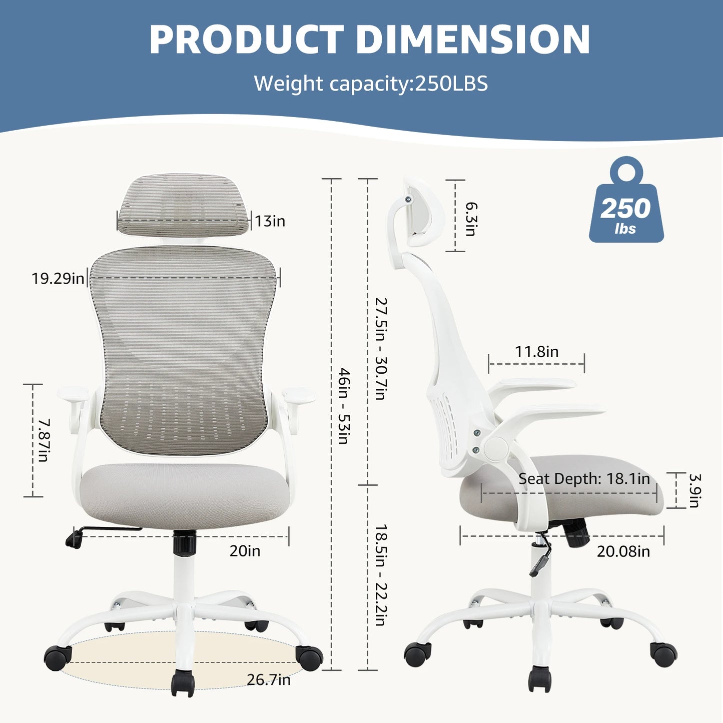 JHKErgonomics Mesh Ergonomic Office Chair With Flip Up Arms Lumbar Support
