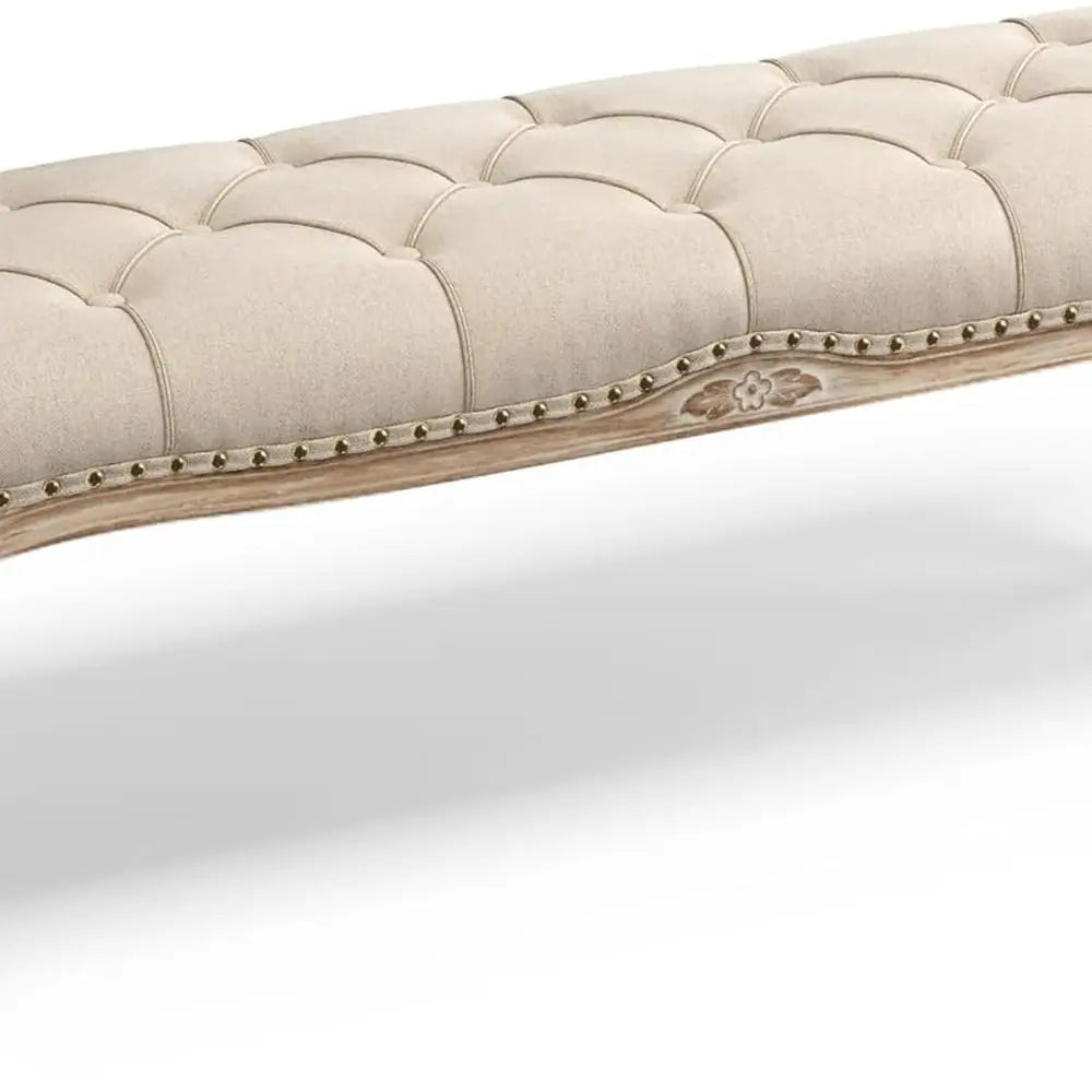 French Vintage Tufted Linen Bedroom Bench With Distressed Wood Legs