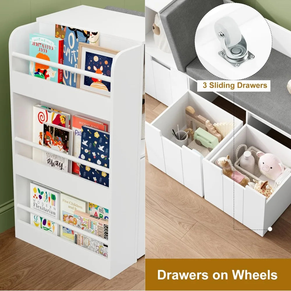 Kids Reading Nook With Bookshelf, Bench And Rolling Drawers For Playroom Storage Solutions