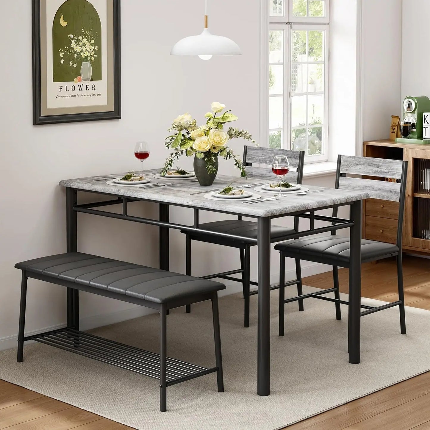 IRONCK Dining Table Set For Small Space With Upholstered Bench And 2 Chairs