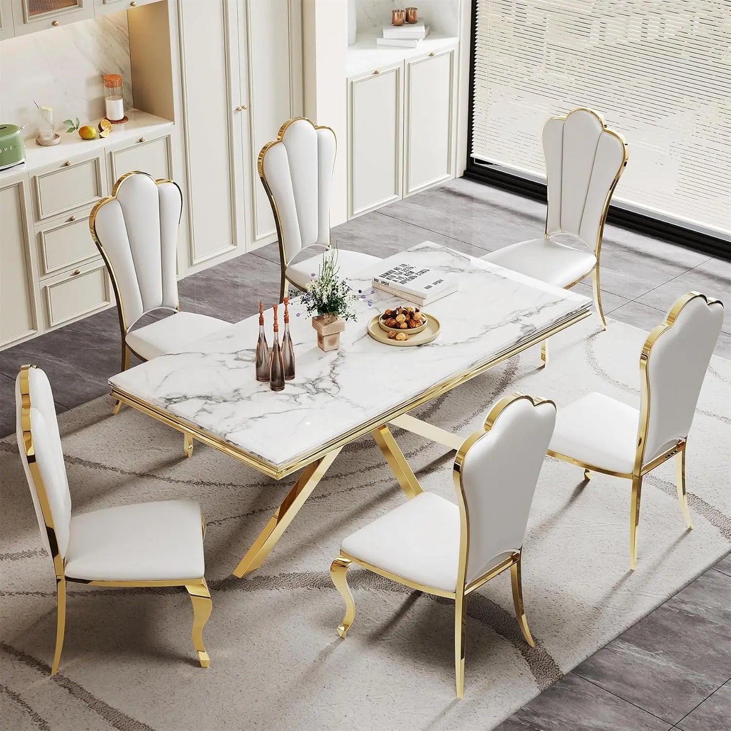Marble Dining Table With Stainless Steel X Base For GourmetDiningRoomShowcaseExcellence
