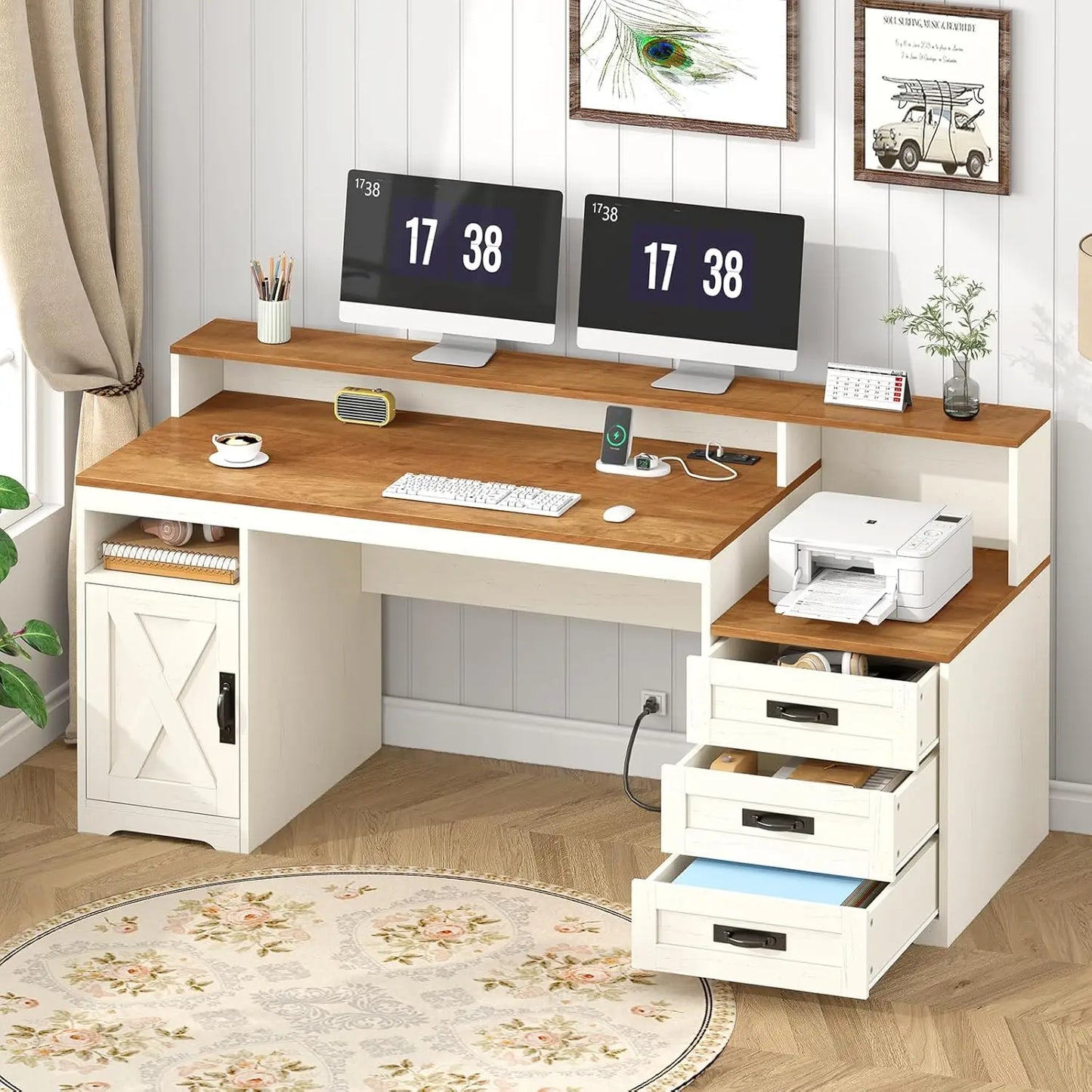 Farmhouse Computer Desk With Drawers And Power Outlets