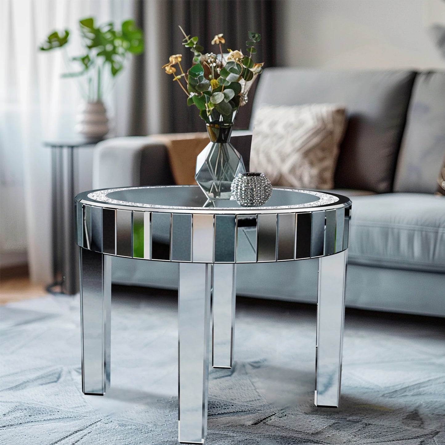 LUVODI Luxurious Contemporary Round Mirrored Accent Side Table CrystalQuartz Inlays