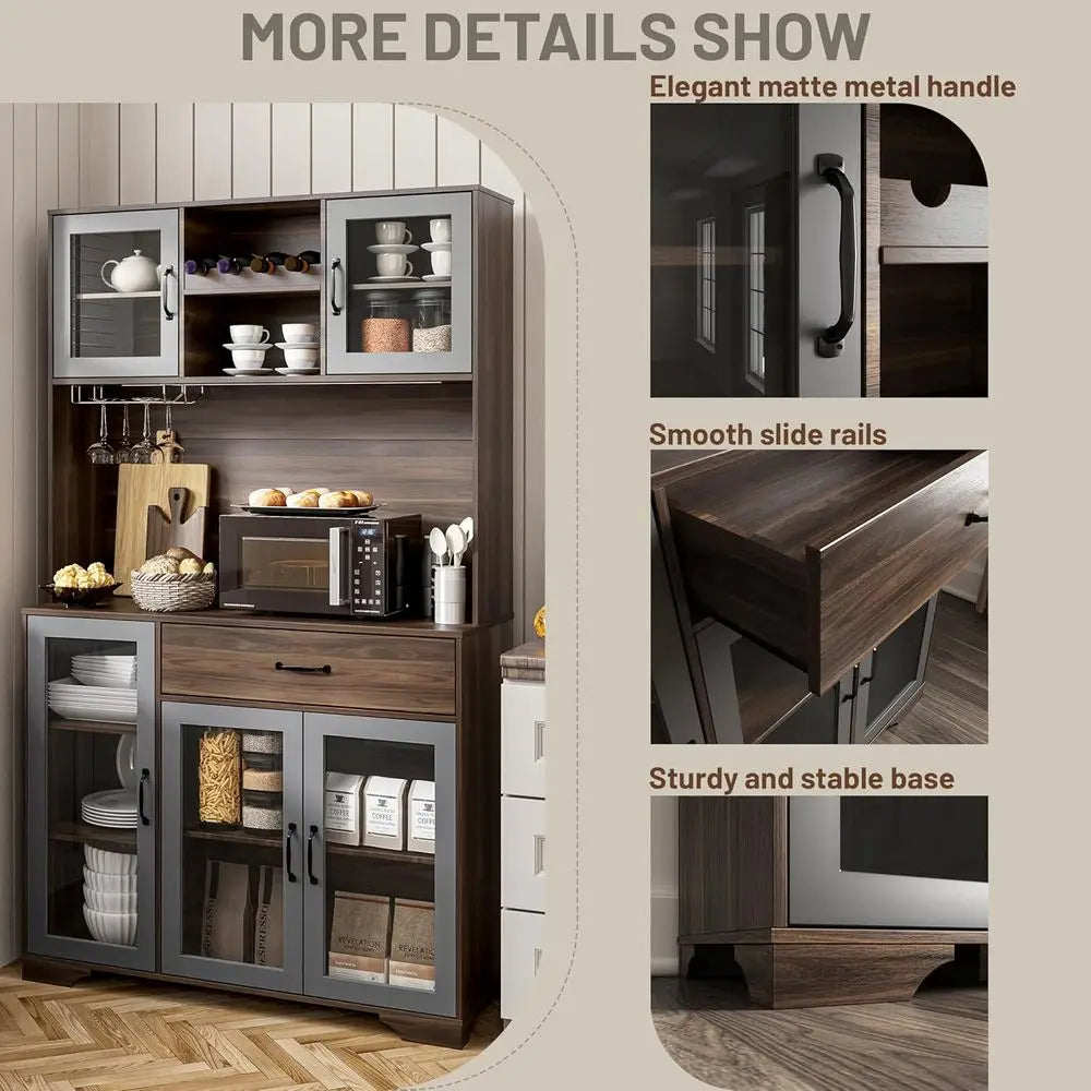 LZJV Kitchen Pantry Cabinet Coffee Bar Wine Rack LED Lights