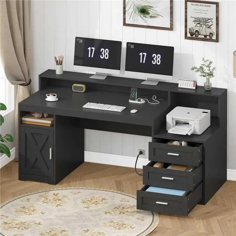 Farmhouse Computer Desk With Drawers And Power Outlets