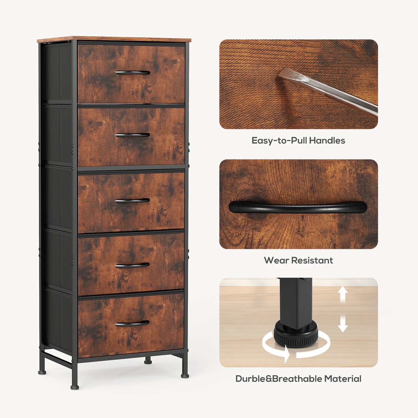 JHK Five-Drawer Dresser With Fabric Drawers And Steel Frame
