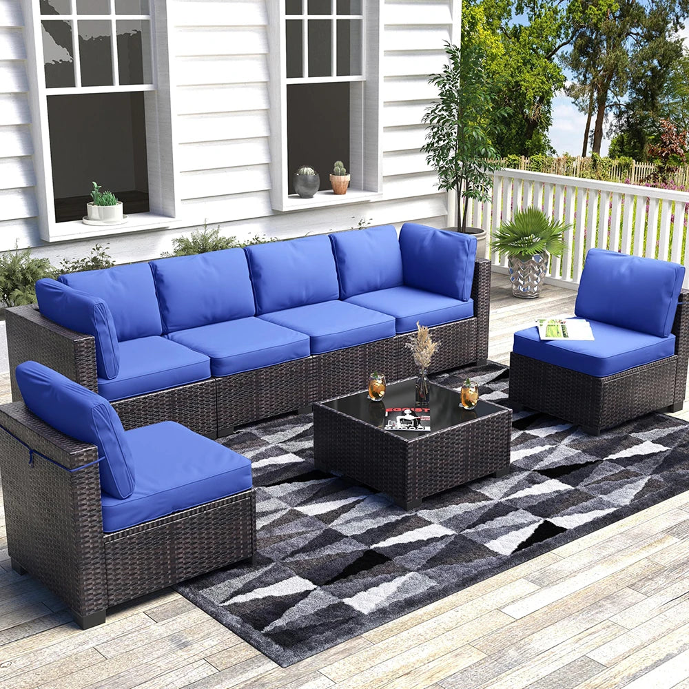 HiMISS 7 Piece PE Rattan Patio Set With Cushions And Glass Coffee Table