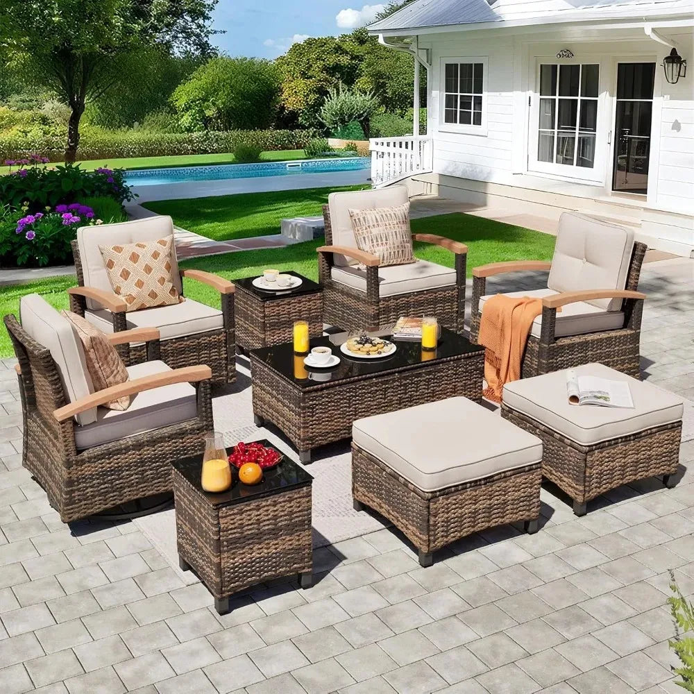 9-Piece Outdoor Patio Furniture Set Wicker With Swivel Rocker Chairs