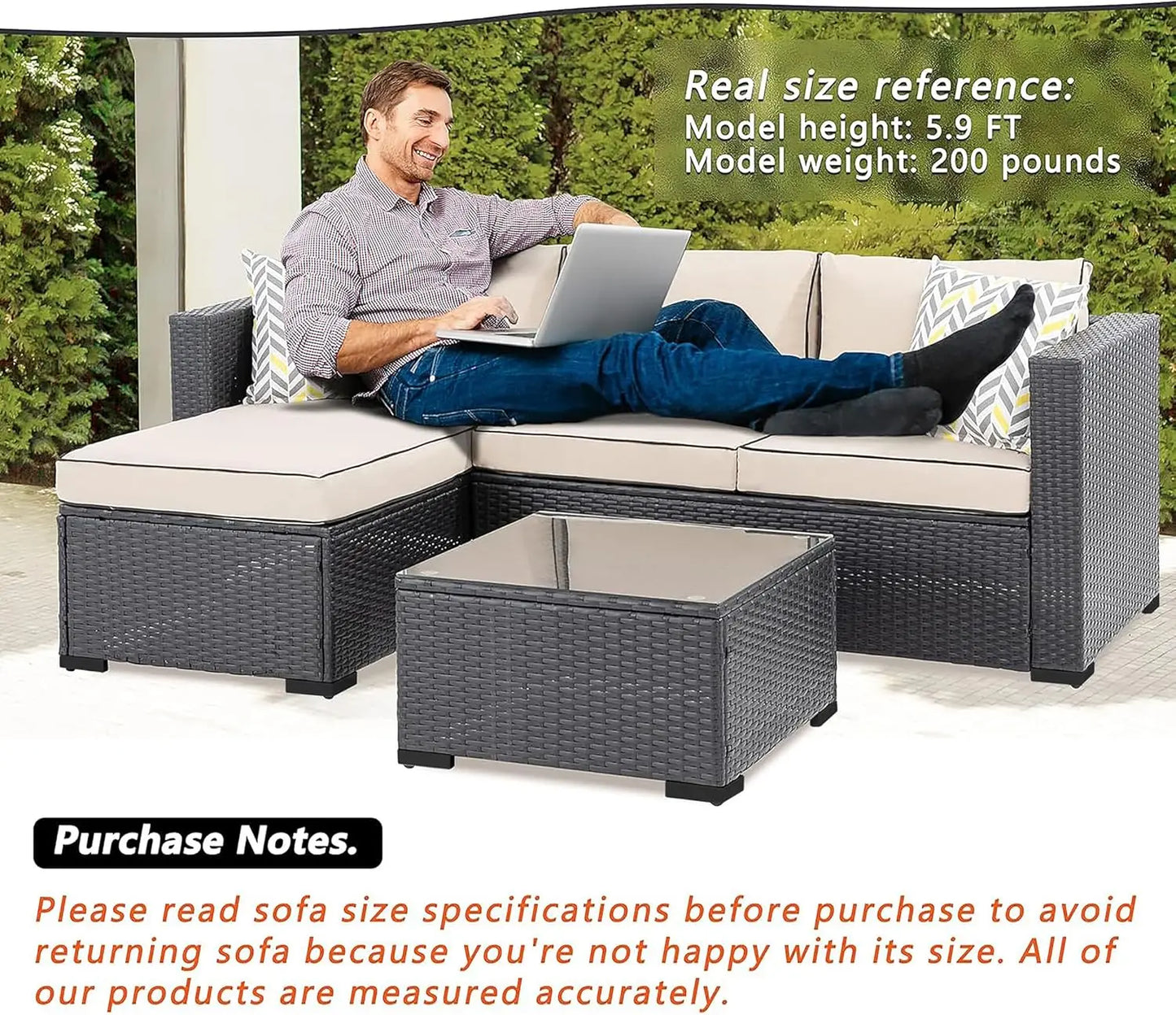 Outdoor 3-Piece Sectional Set With All-Weather Weatherproof-Rattan And Glass Table