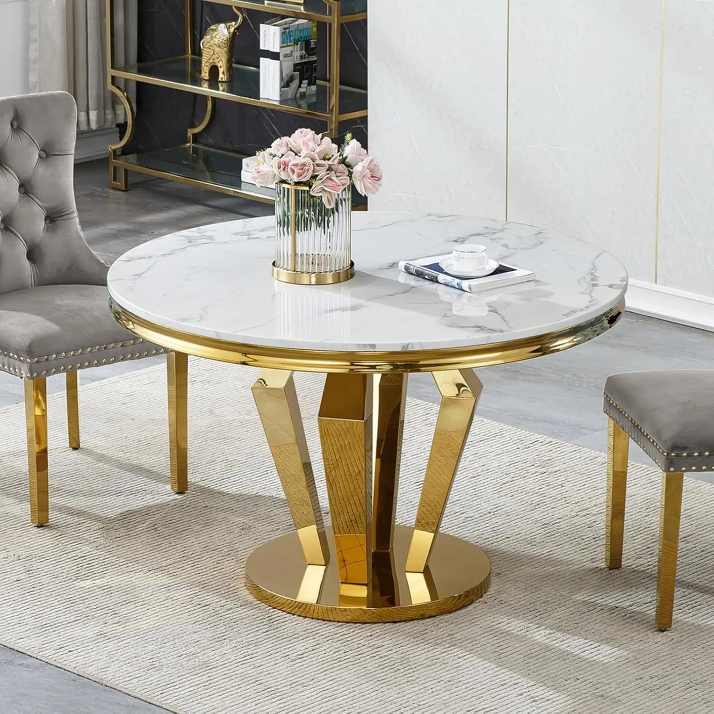 Marble Dining Table With Stainless Steel X Base For GourmetDiningRoomShowcaseExcellence