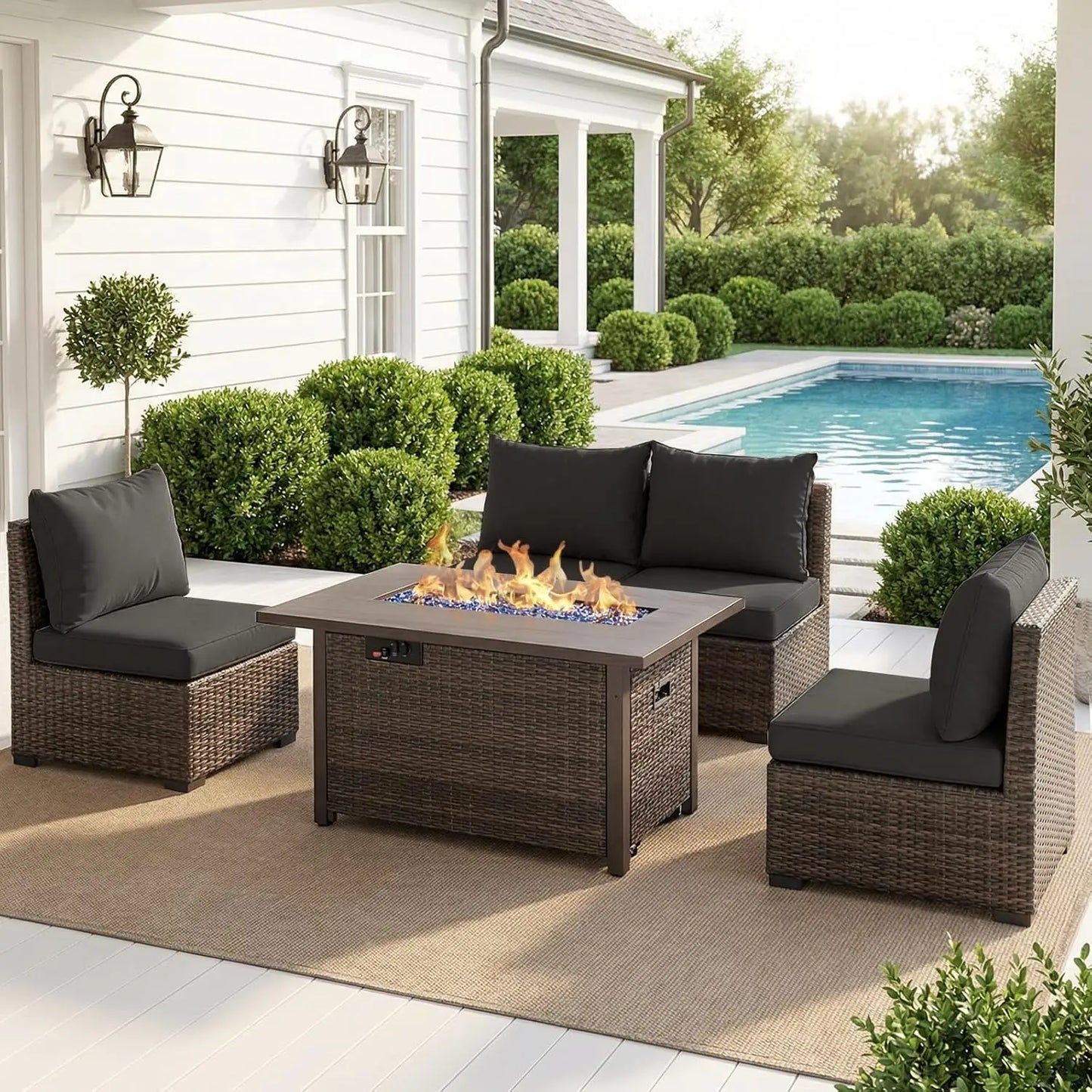 XIAOLANG Patio Furniture Set With Fire Pit Table Outdoor Rattan
