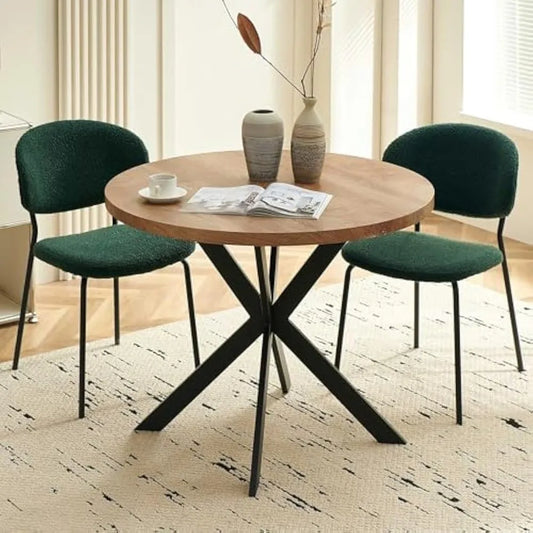 Round Dining Table With Wood Grain MDF Top And Metal Base