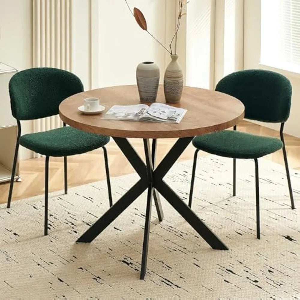 Modern Round Dining Table MDF Top Woodgrain Finish Metal Base