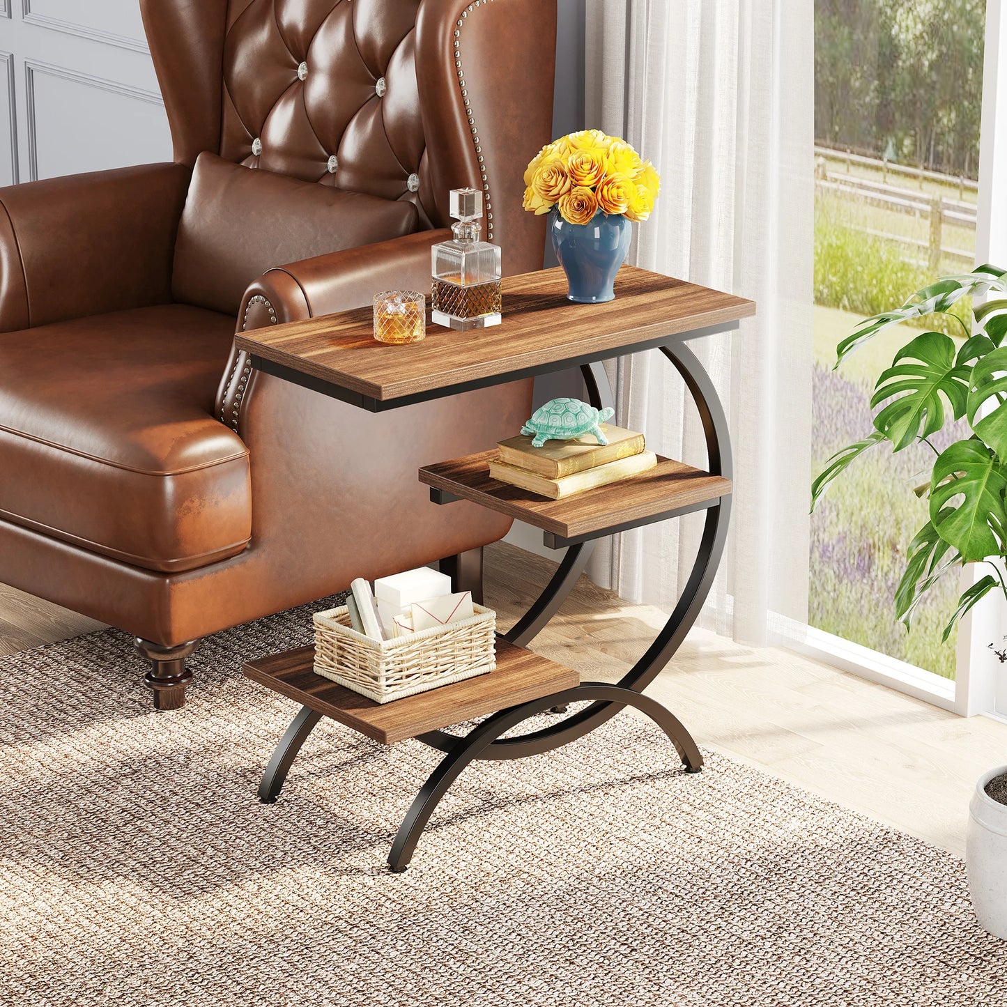 Tribesigns C Shaped End Table With Industrial 3 Tier Storage