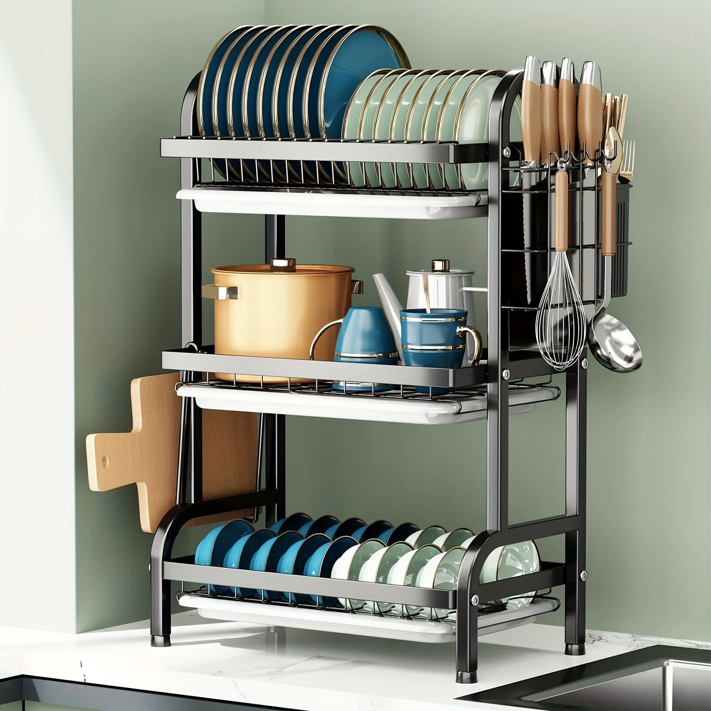 Three-Tier Dish Rack For Kitchen Countertop And Plates