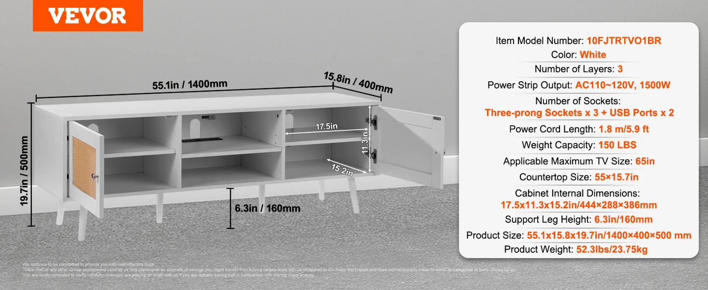 SucceBuy Rattan TV Stand With Built-In USB Ports and Shelves