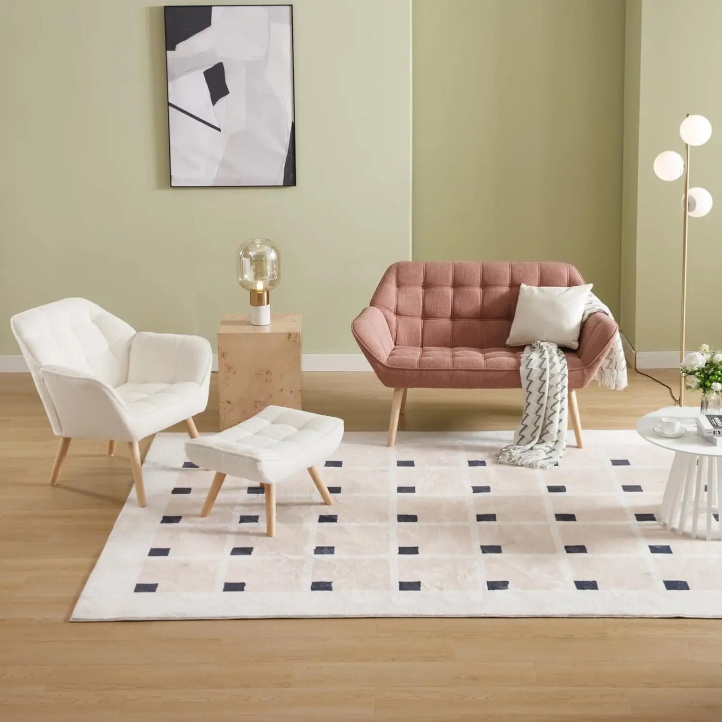 Modern Linen Loveseat Sofa With Quilted Back And Wood Legs