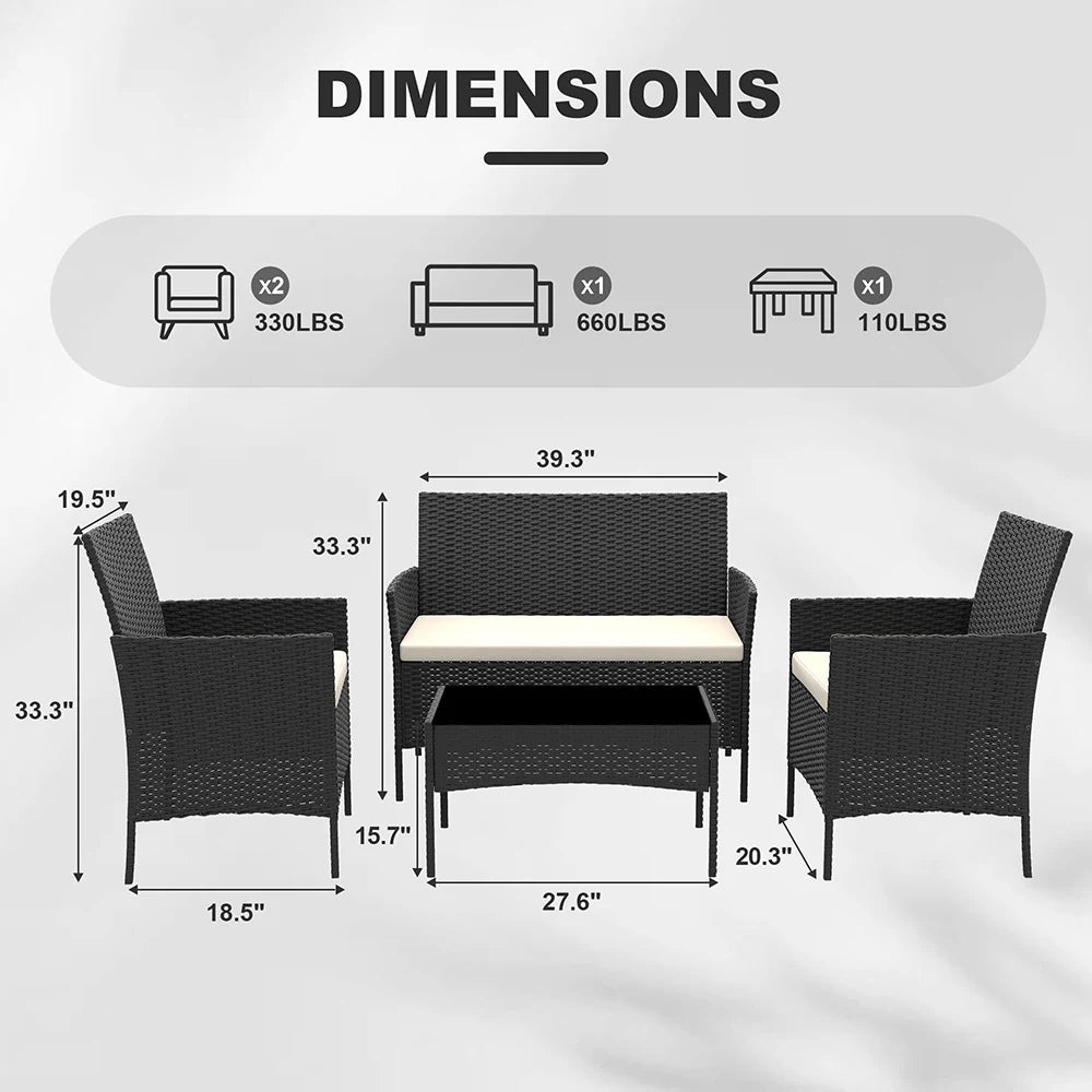 HiMISS 4-Piece PE Rattan Patio Set With Glass Top Table