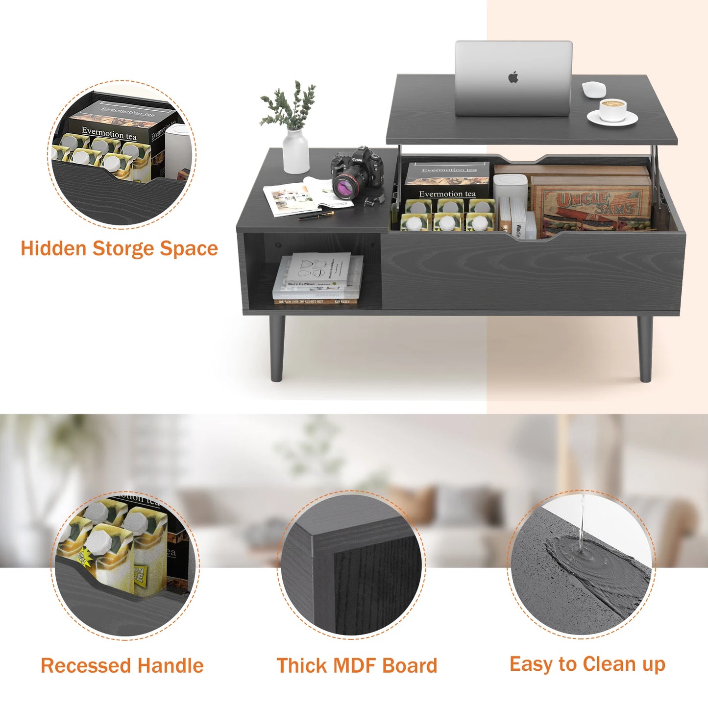 JHK Lift Top Coffee Table With Storage And Adjustable Shelf