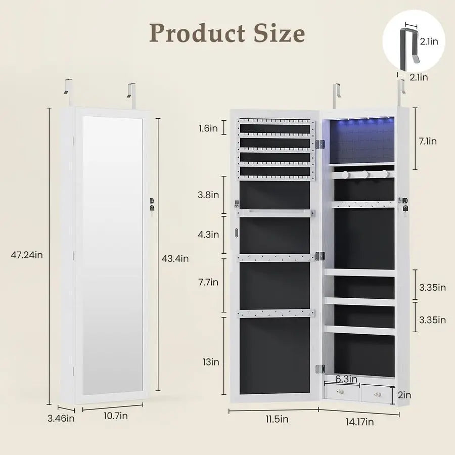 DUMOS 6 LEDs Mirror Jewelry Cabinet Wall Or Door Mounted