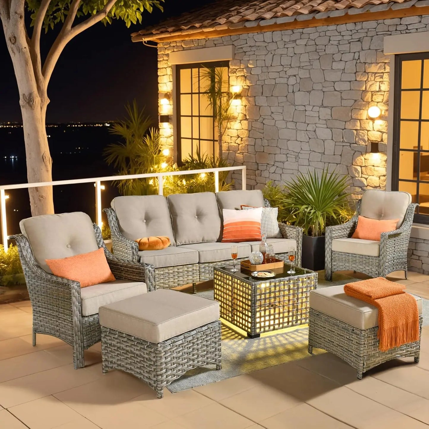6 Piece All Weather Patio Outdoor Furniture Set Wicker Rattan Sofa Ottoman