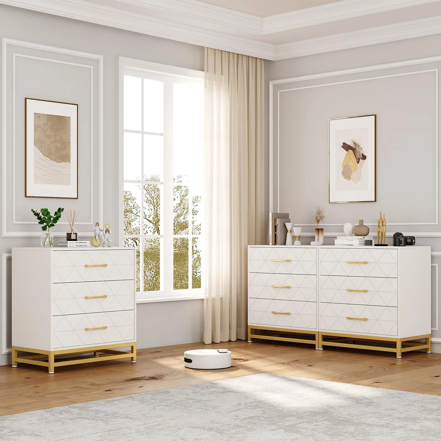 Studyset Three Drawer Dresser Chest of Drawers with Metal Handles