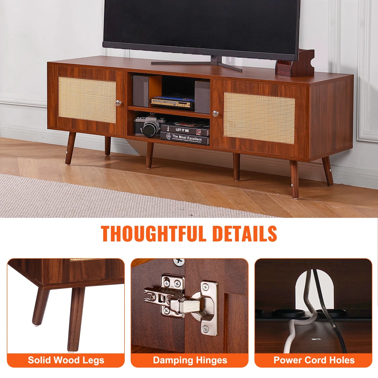 SucceBuy Rattan TV Stand With Built-In USB Ports and Shelves