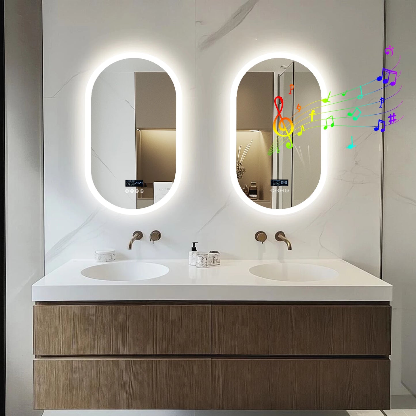 Oval LED Bathroom Mirror Wall-Mounted With Bluetooth Speaker Digital Display