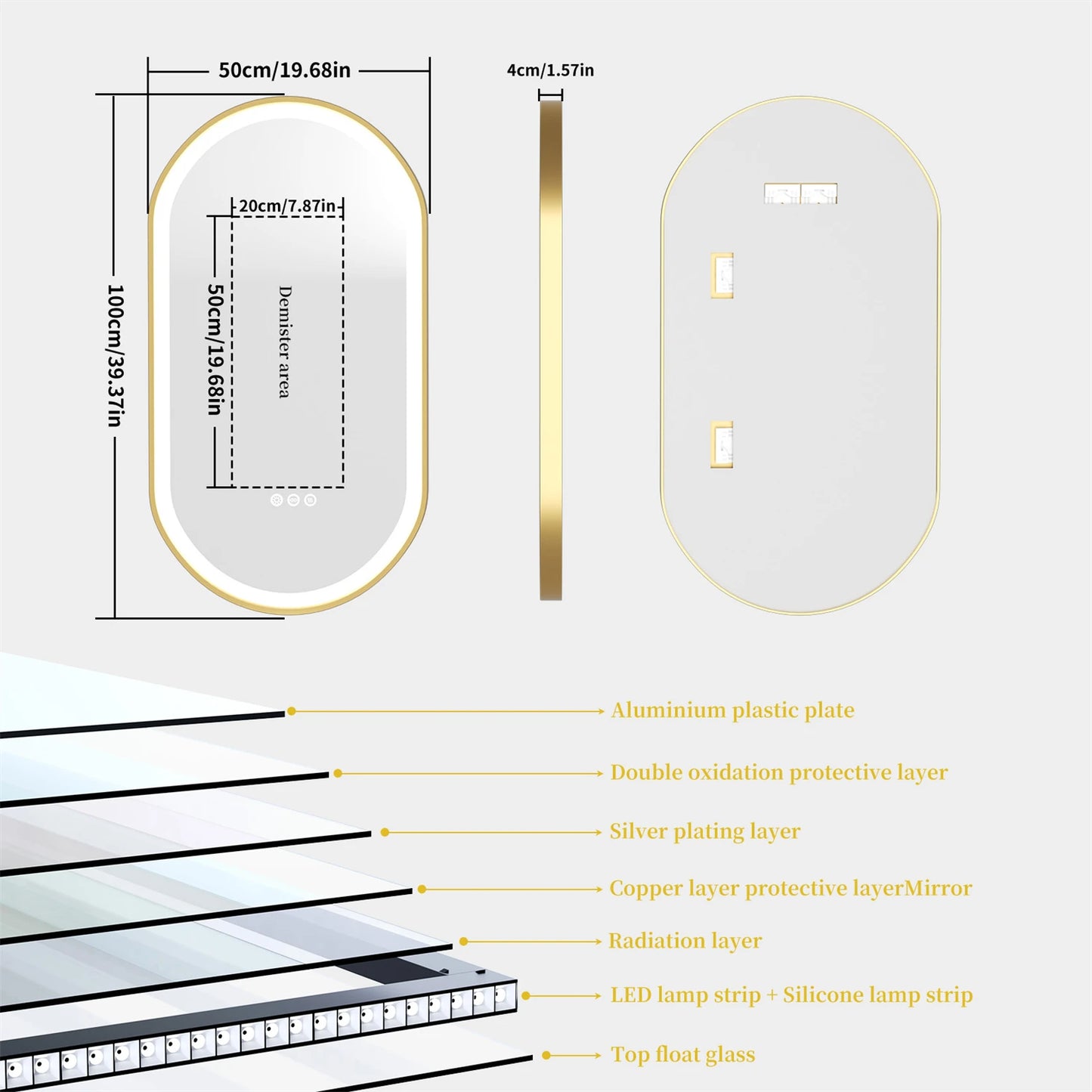 Oval Frame LED Lighted Antifog Smart Vanity Mirror With Dimmable Illumination