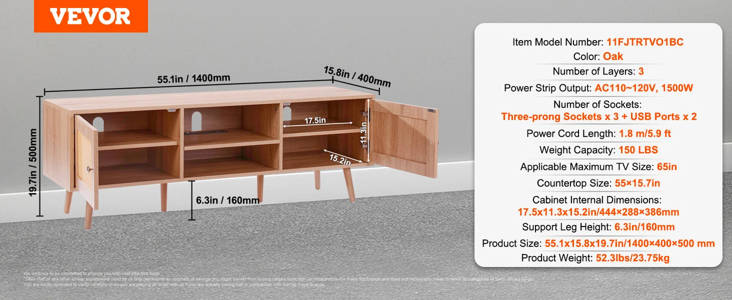 SucceBuy Rattan TV Stand With Built-In USB Ports and Shelves