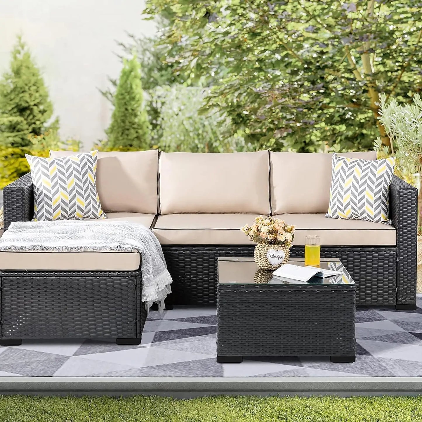 Outdoor 3-Piece Sectional Set With All-Weather Weatherproof-Rattan And Glass Table