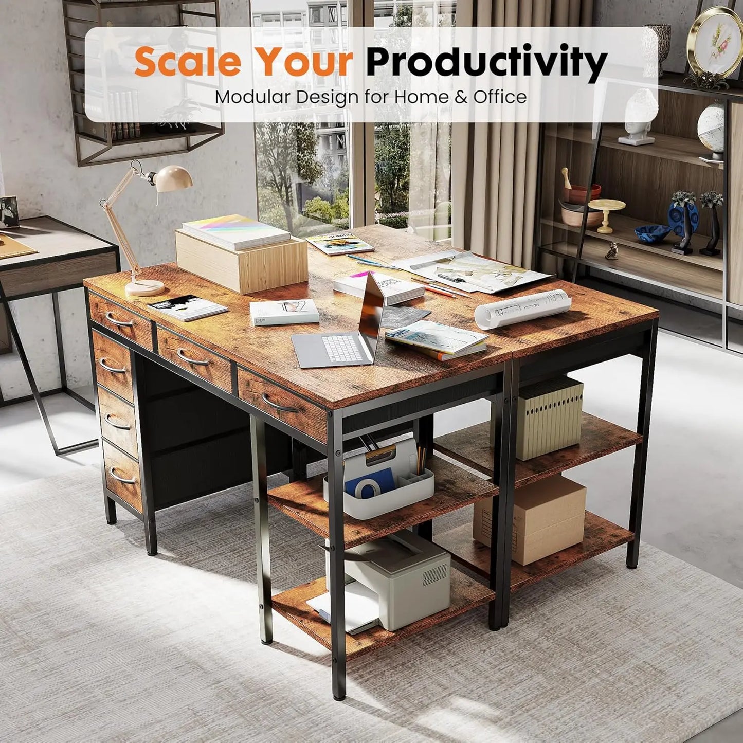 XMSJ Computer Desk With 6 Drawers And Storage Shelves
