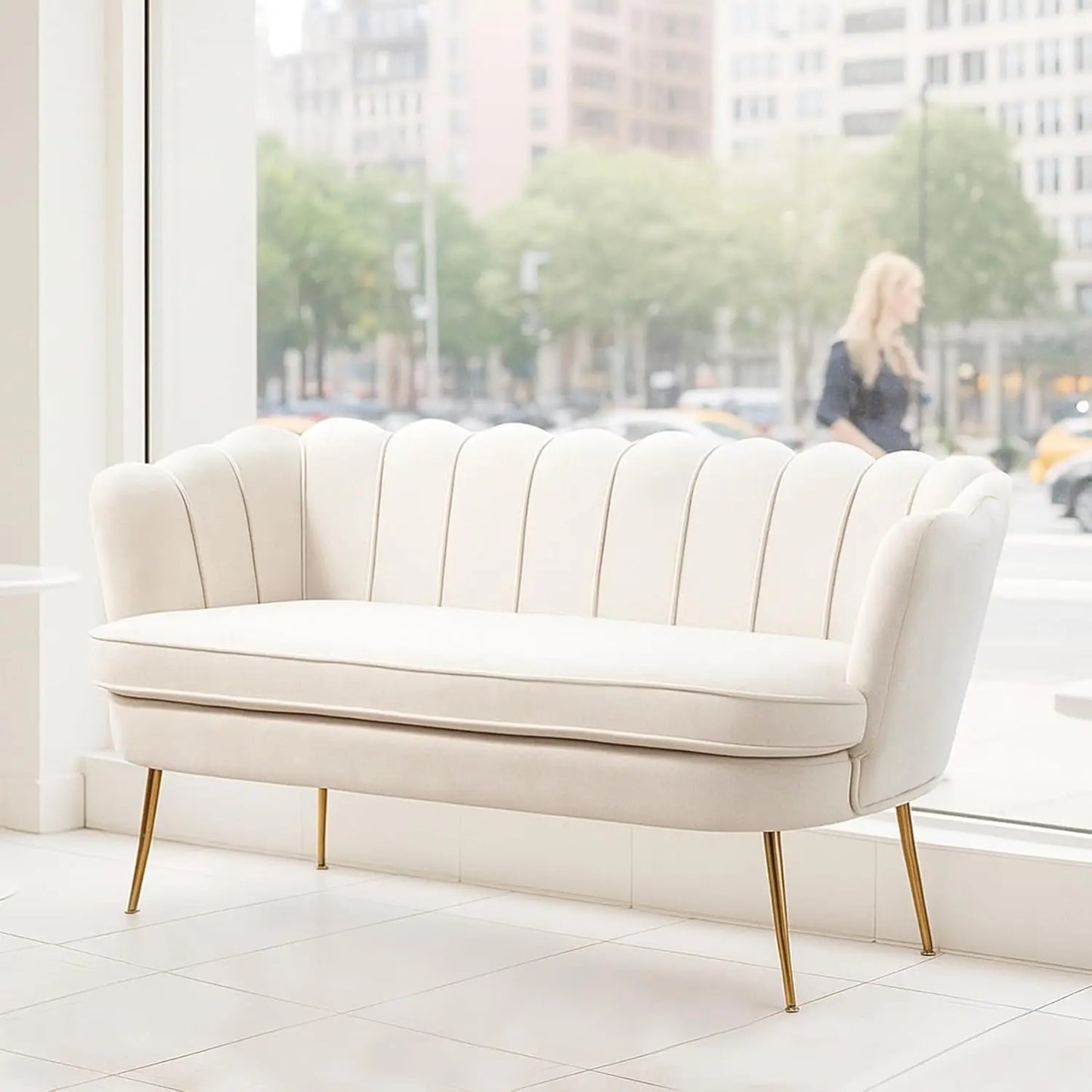 Modern Chenille Loveseat Sofa With Golden Legs Upholstered Couch