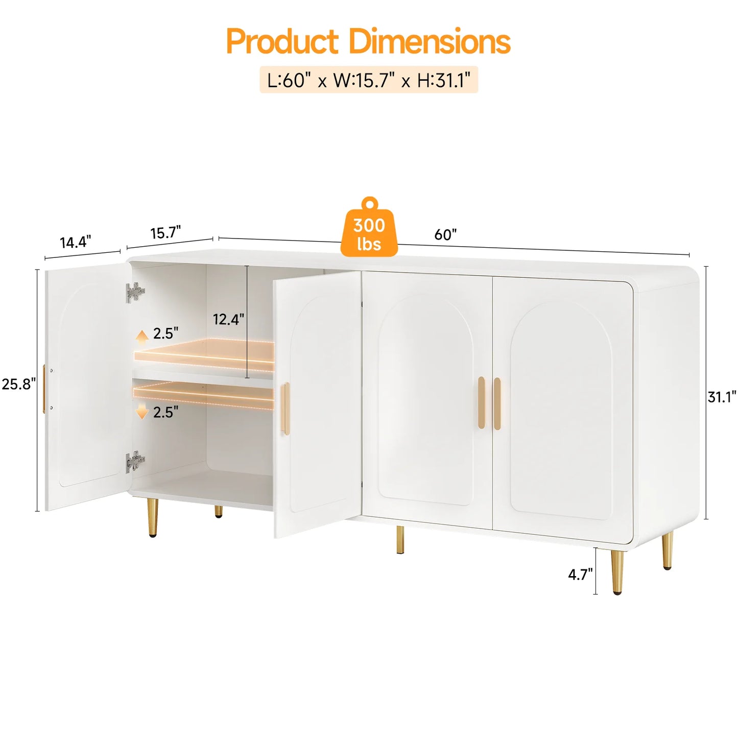 ONBRILL Sideboard Buffet Cabinet With 4 Doors And Adjustable Shelves