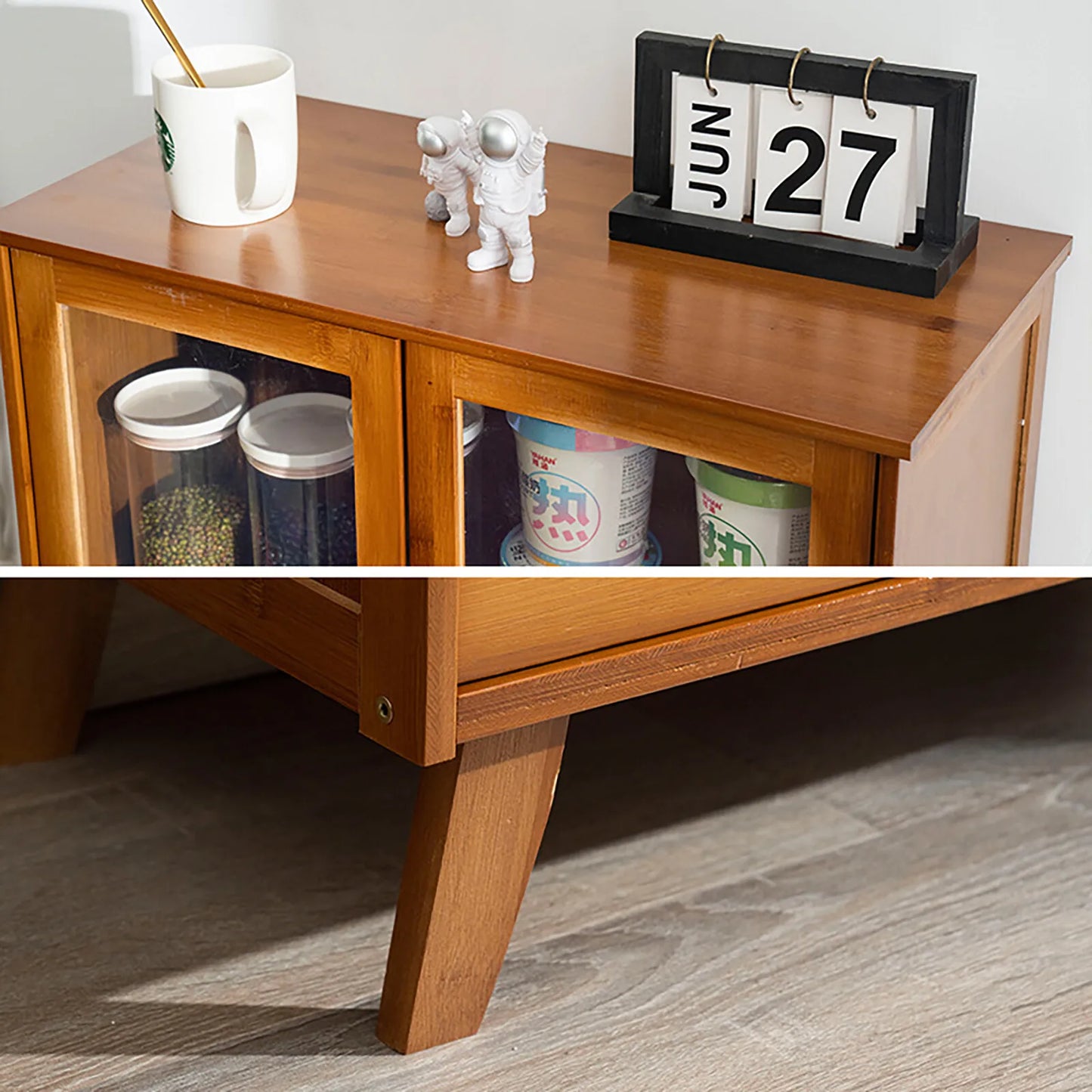 Bymaocar Vintage Style 2 Tier Bamboo Kitchen Storage Cabinet