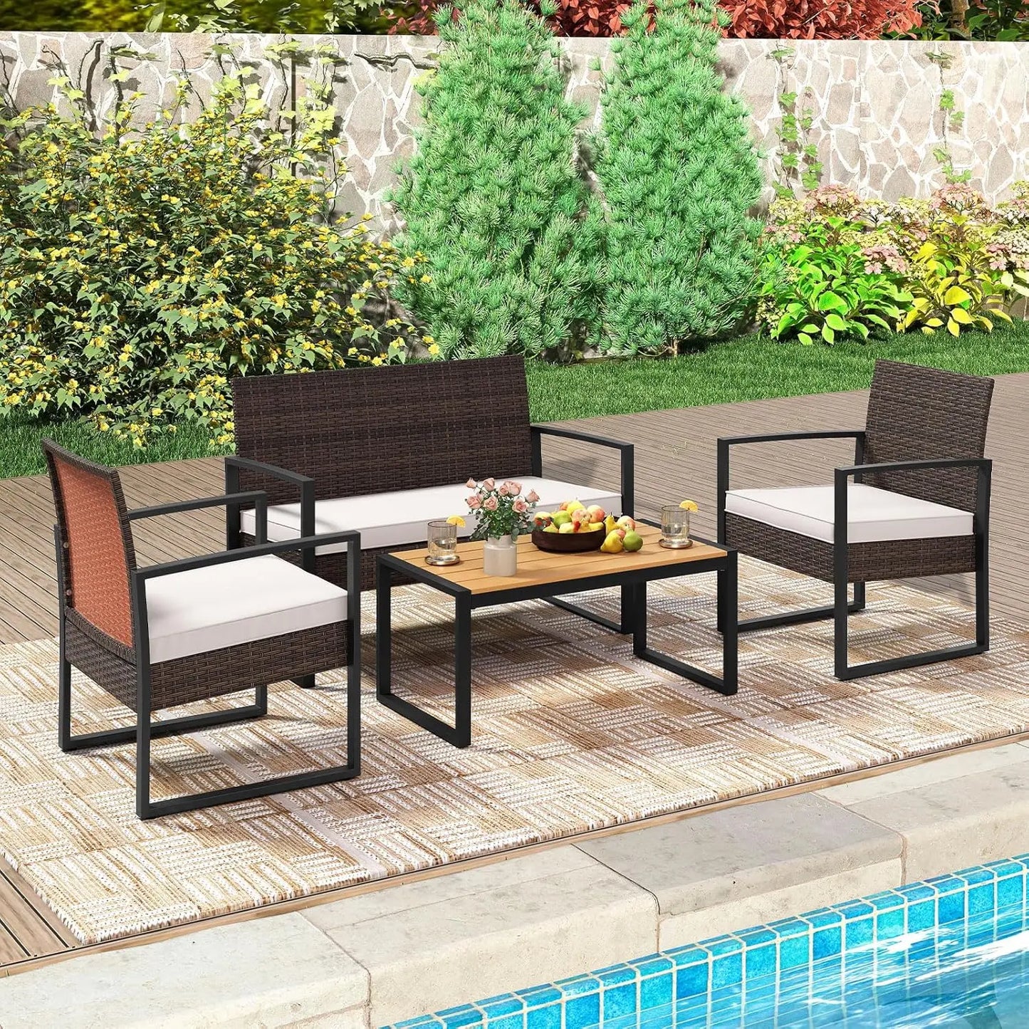 Outdoor Rattan Patio 4 Piece Set With Cushioned Chairs