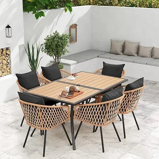 All-Weather Rattan Patio Dining Set With Removable Cushions Umbrella Hole
