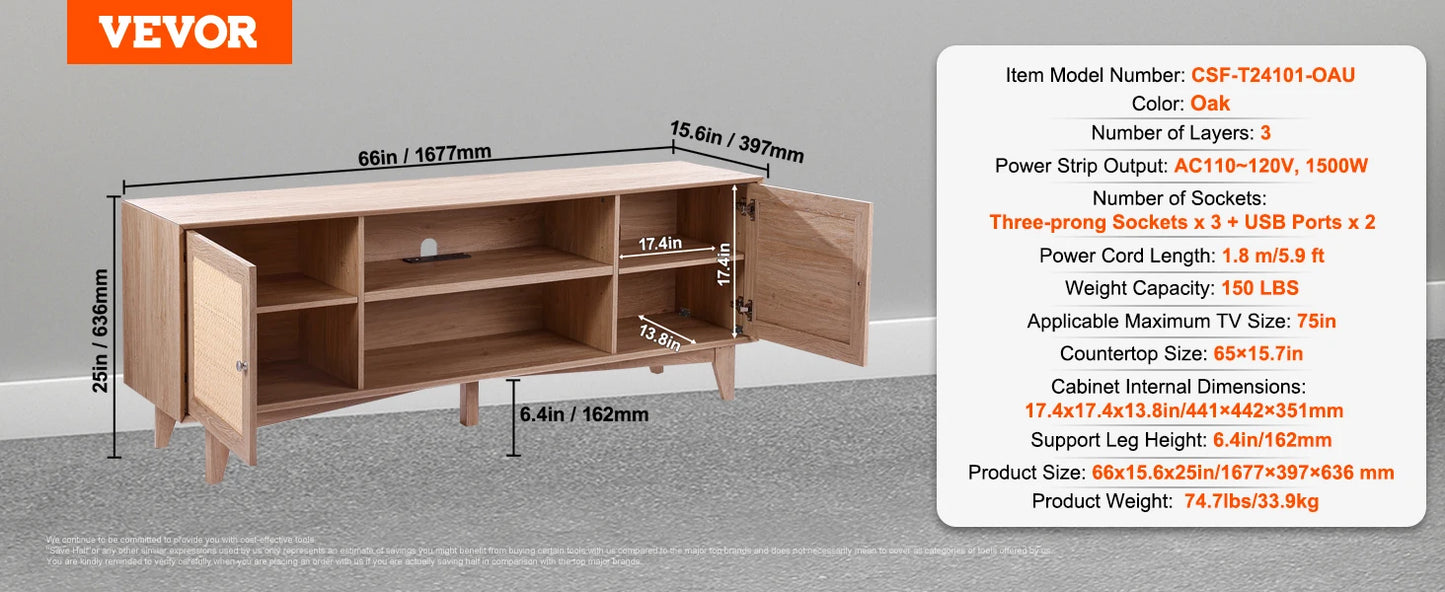 SucceBuy Rattan TV Stand With Built-In USB Ports and Shelves